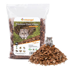Niteangel coco and cork hamster bedding shown with its packaging.