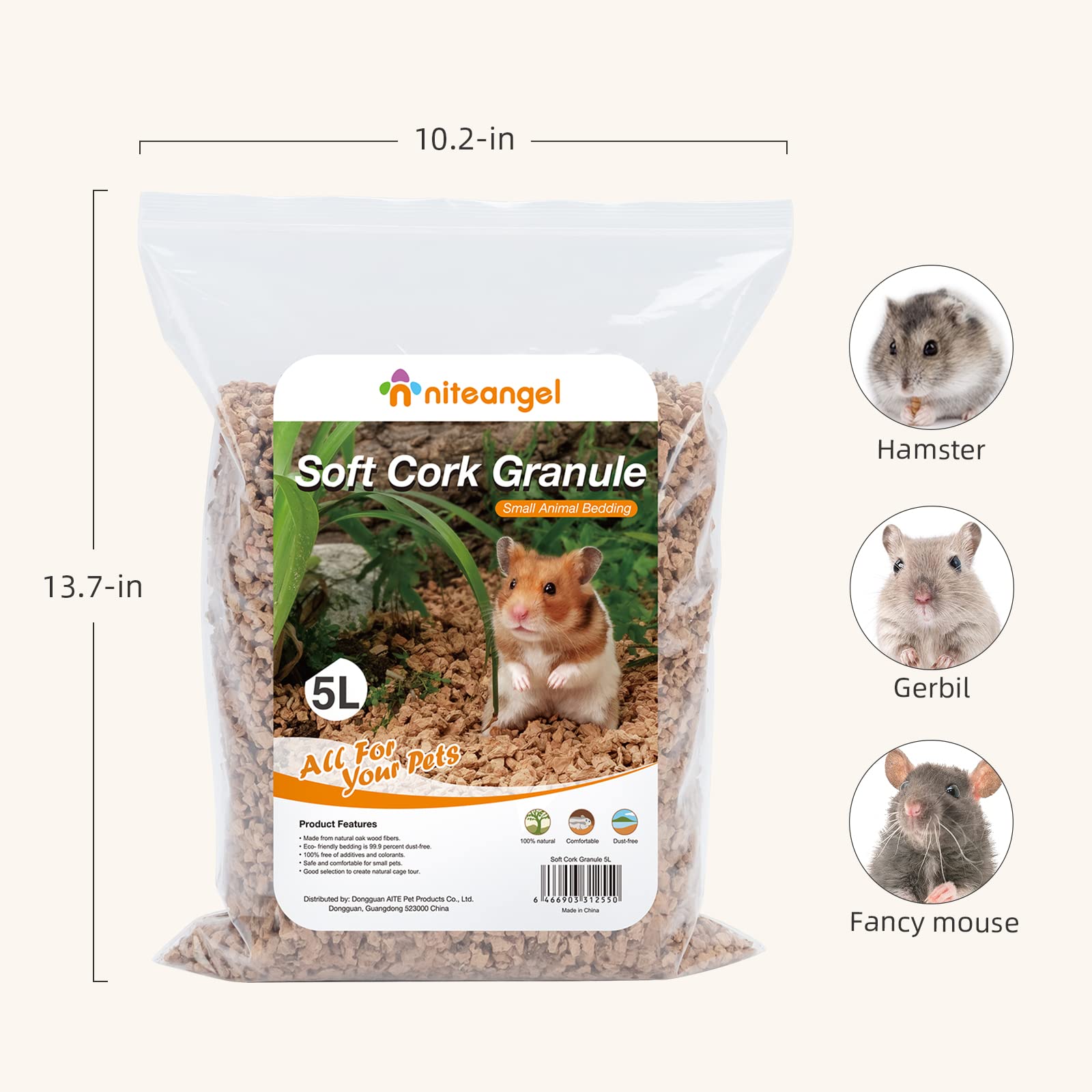 Niteangel cork hamster bedding granules shown in a close-up.