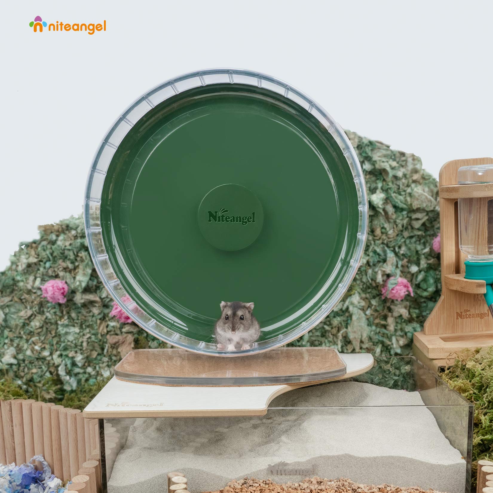 Niteangel hamster exercise wheel showing the adjustable drum height and base.