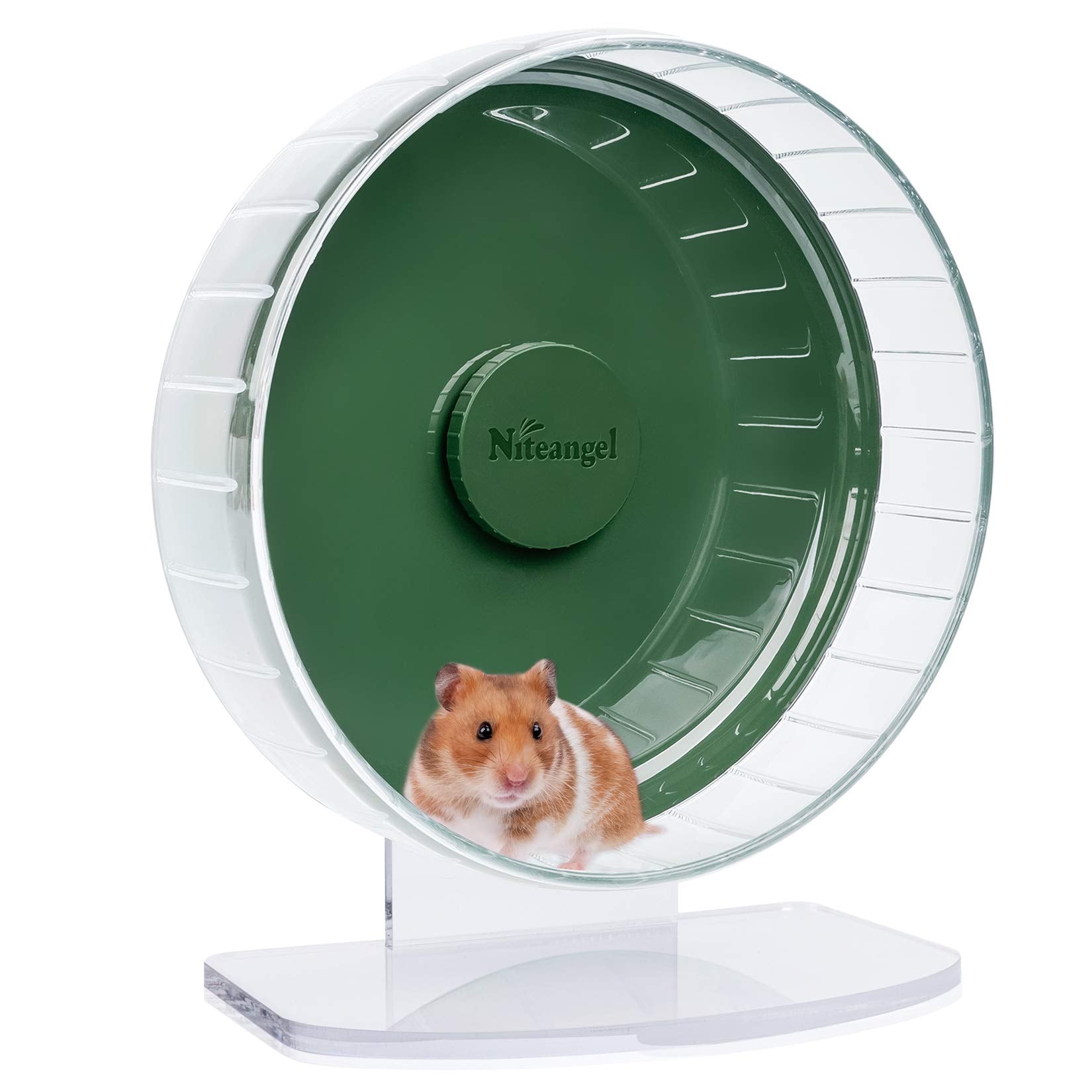 Niteangel hamster exercise wheel shown from the front with its running drum and base.