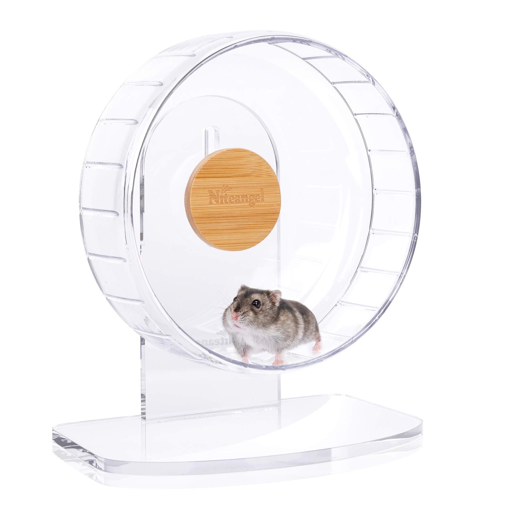 Niteangel hamster exercise wheel shown from the front with its running drum and base.