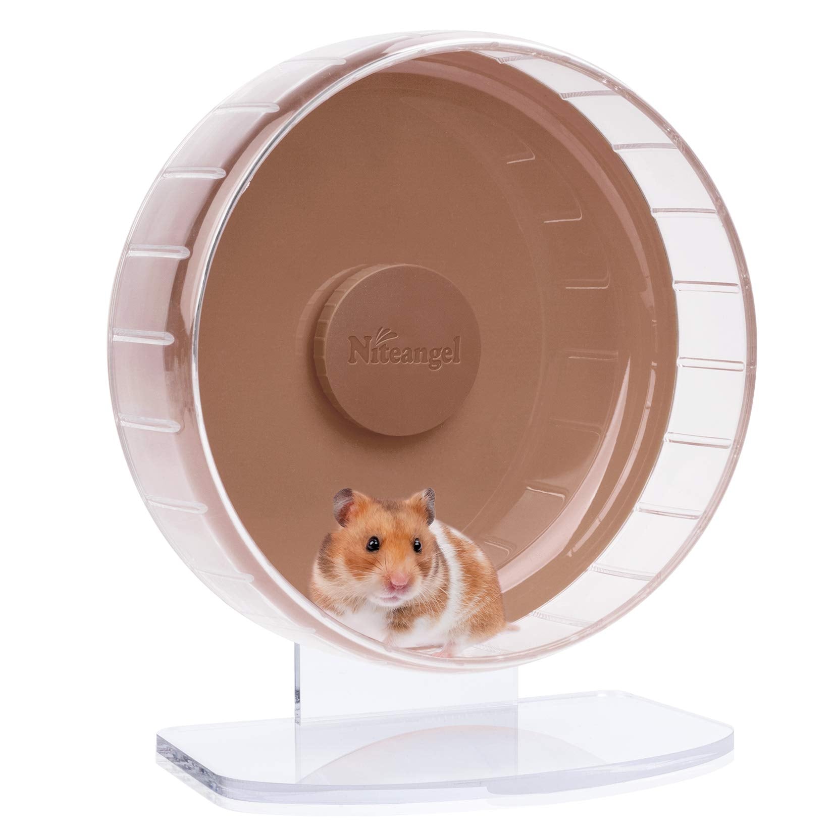 Niteangel hamster wheel shown from the front with its running drum and base.