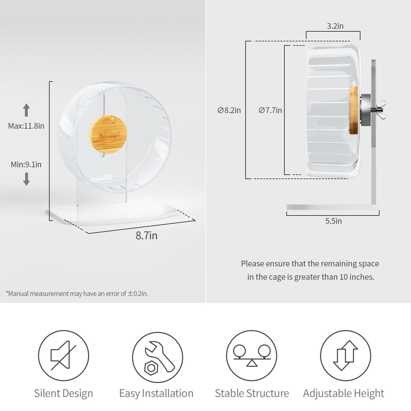 Niteangel hamster exercise wheel shown from the side to display its profile.