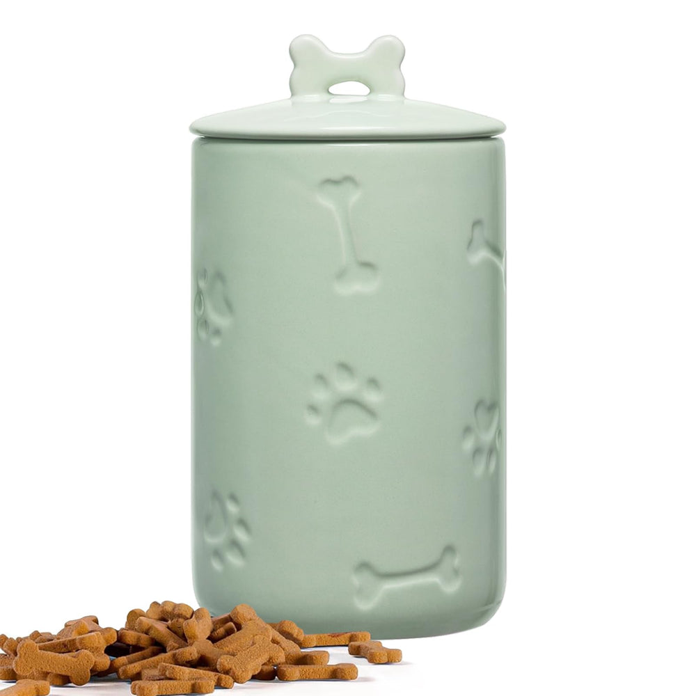 NIXBYO ceramic dog treat jar shown from the front with its lid.