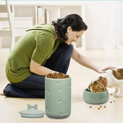 NIXBYO ceramic dog treat jar shown open for access to stored pet snacks.