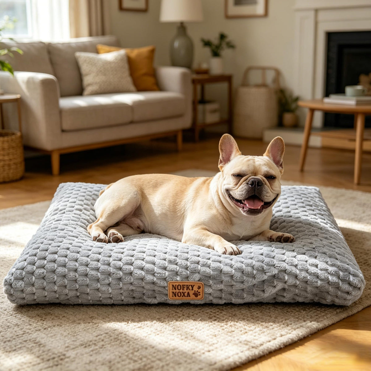 NOFKYNOXA dog bed shown from the front in grey.