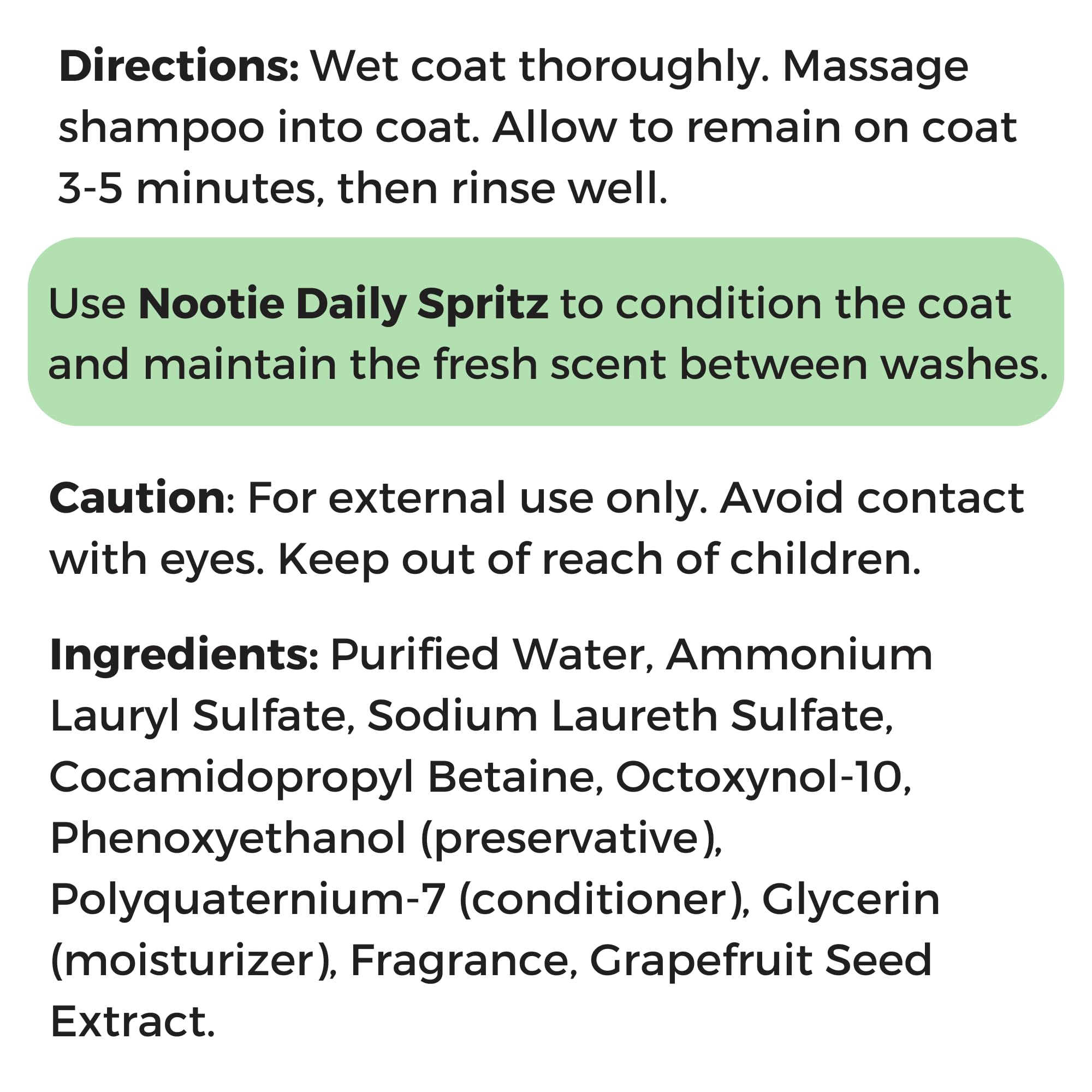 Nootie Pet Shampoo shown as a cleanser for a pet’s coat.