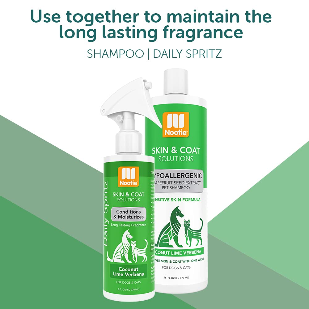 Nootie Pet Shampoo highlighting its Coconut Lime Vebena scent.