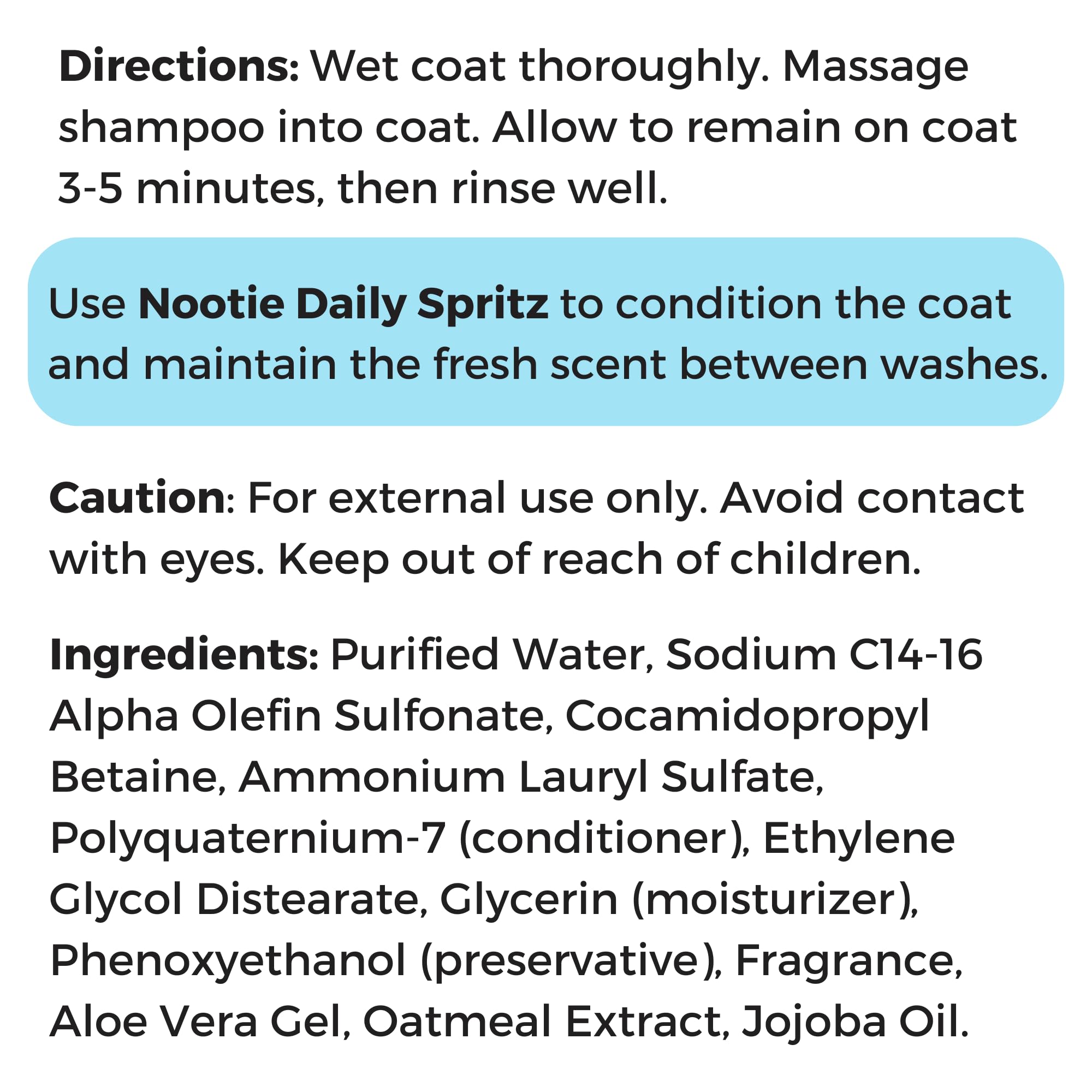 Nootie Pet Shampoo formula details shown in close-up.