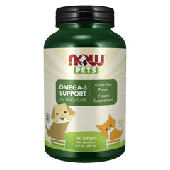 NOW Pet Health Omega 3 Supplement shown from the front of its package.