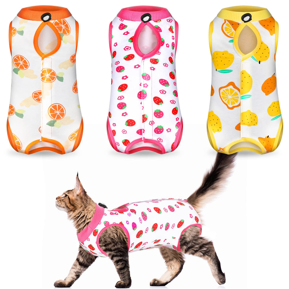 Nuanchu cat recovery suit shown from the front in its colorful fruit style.