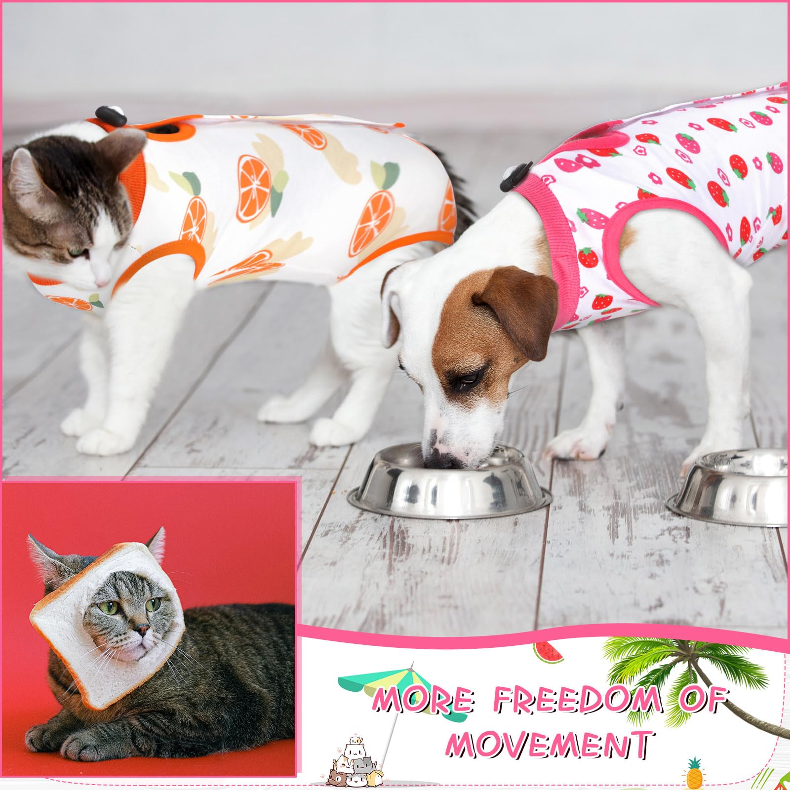 Nuanchu cat recovery suit colorful fruit-style pattern shown close up.