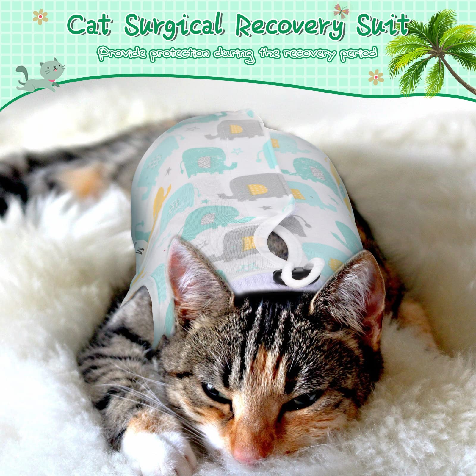 Nuanchu cat recovery suits shown in their bright color options.