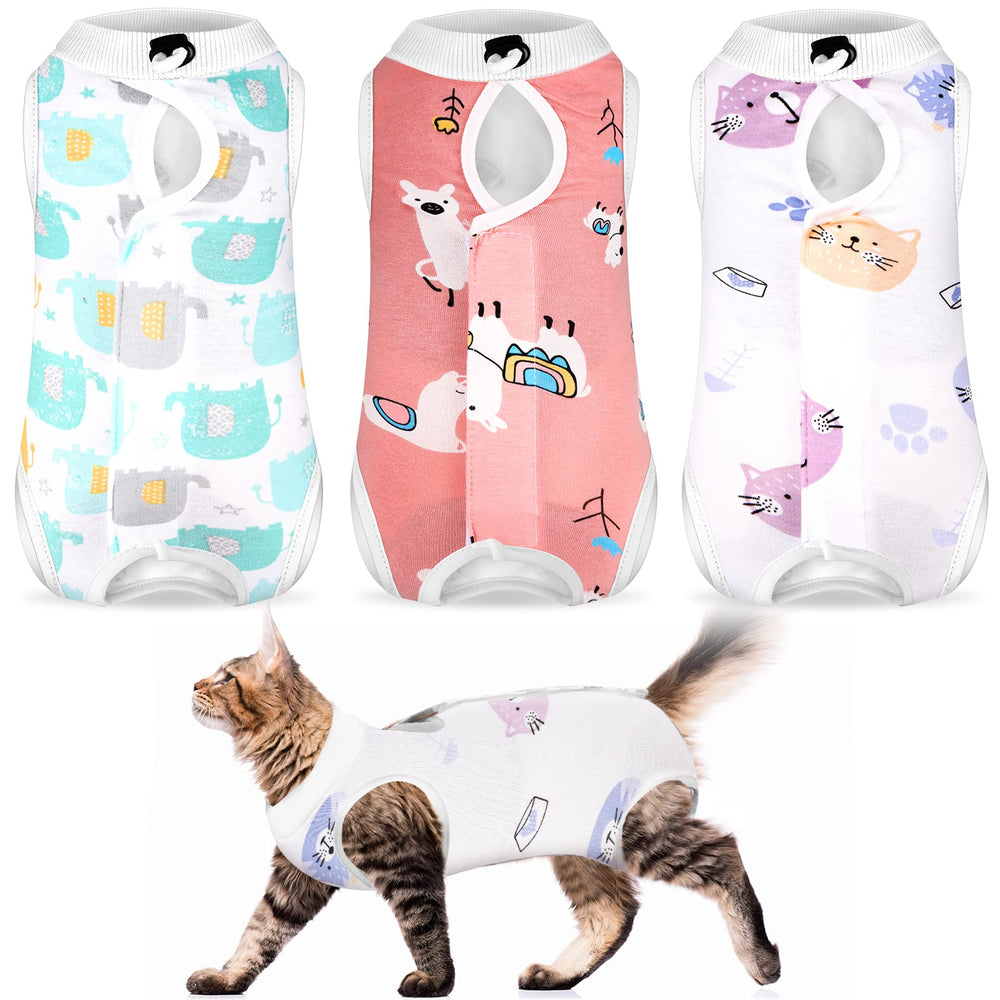 Nuanchu cat recovery suit set showing the three colorful suits included.
