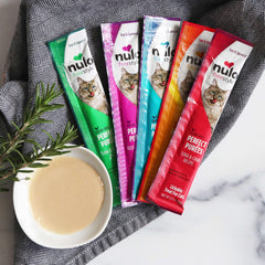 Nulo lickable cat treats offered to a cat during an interactive feeding moment.