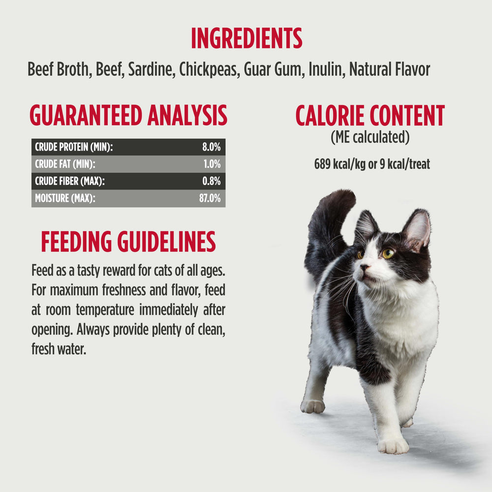 Nulo lickable cat treats with the beef, sardine, and inulin ingredients highlighted.