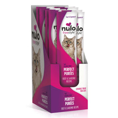 Nulo lickable cat treats in beef and sardine packaging shown from the front.