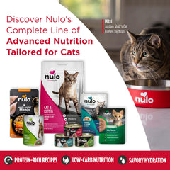 Nulo wet cat food chicken and turkey recipe featured on the product.
