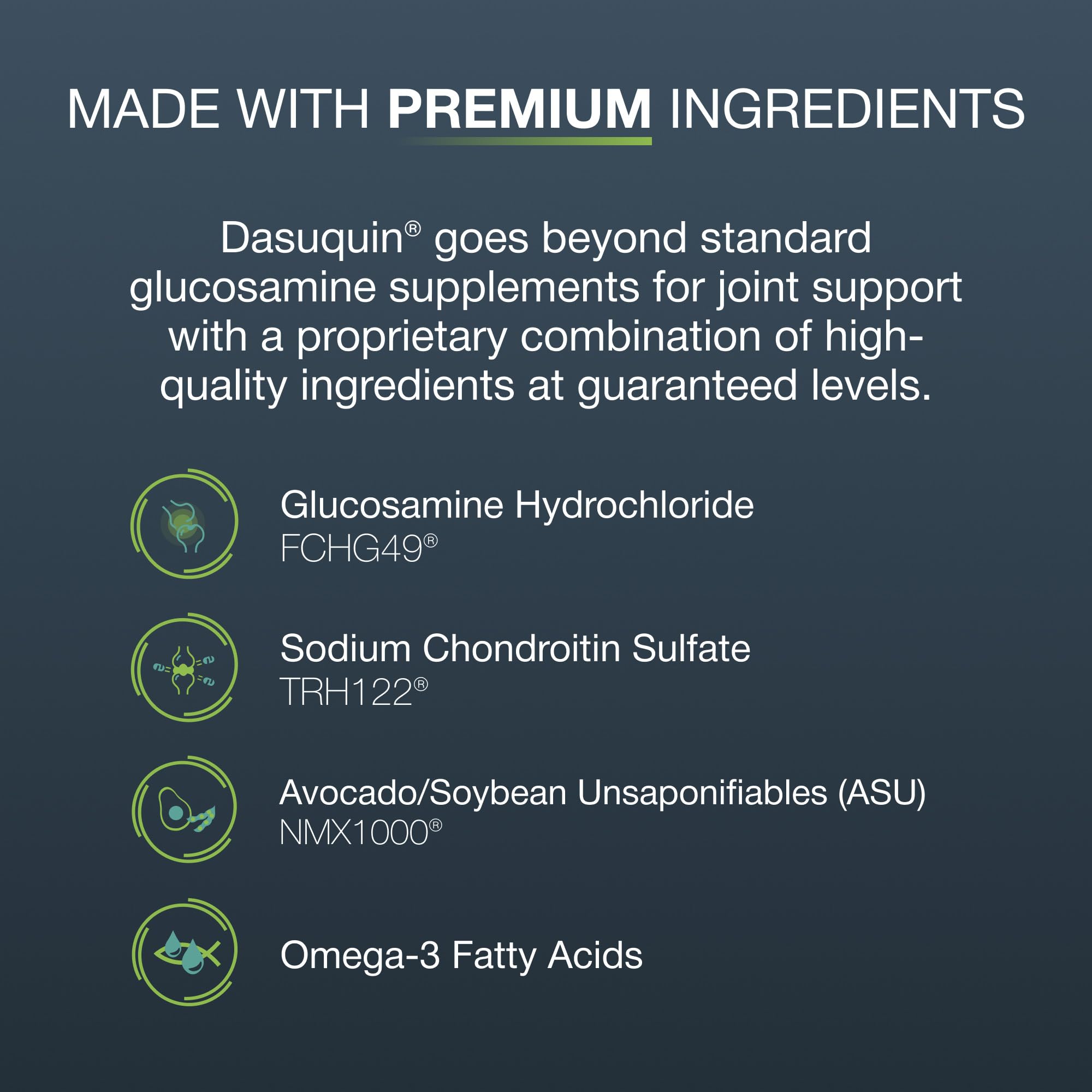 Nutramax Dasuquin cat joint supplement ingredient focus on avocado and soybean unsaponifiables.