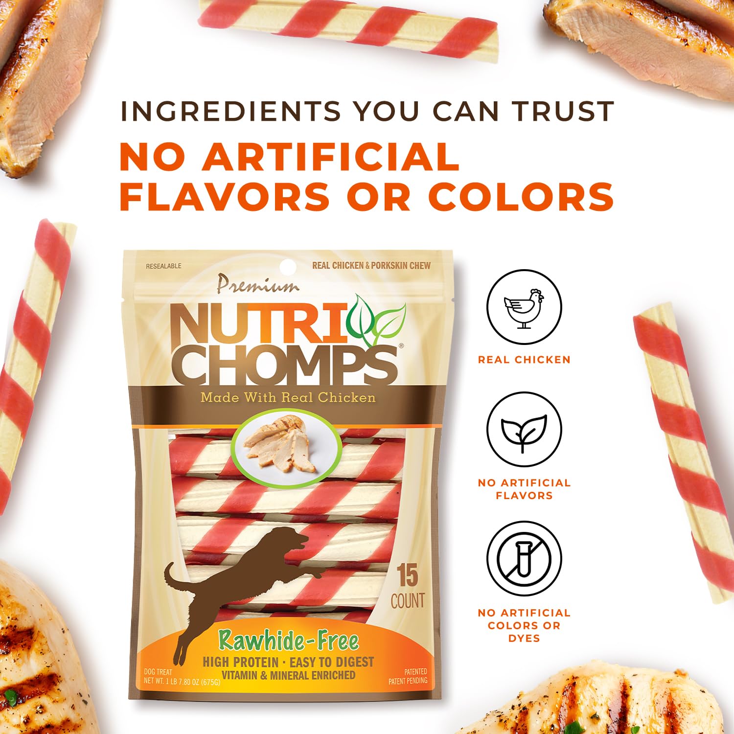 Nutri Chomps dog chews shown with the nutrition panel in view.