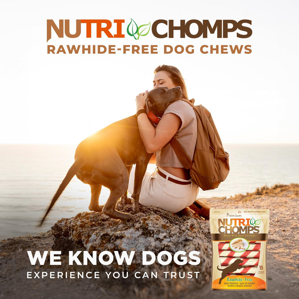 Nutri Chomps dog chews shown in their resealable bag.