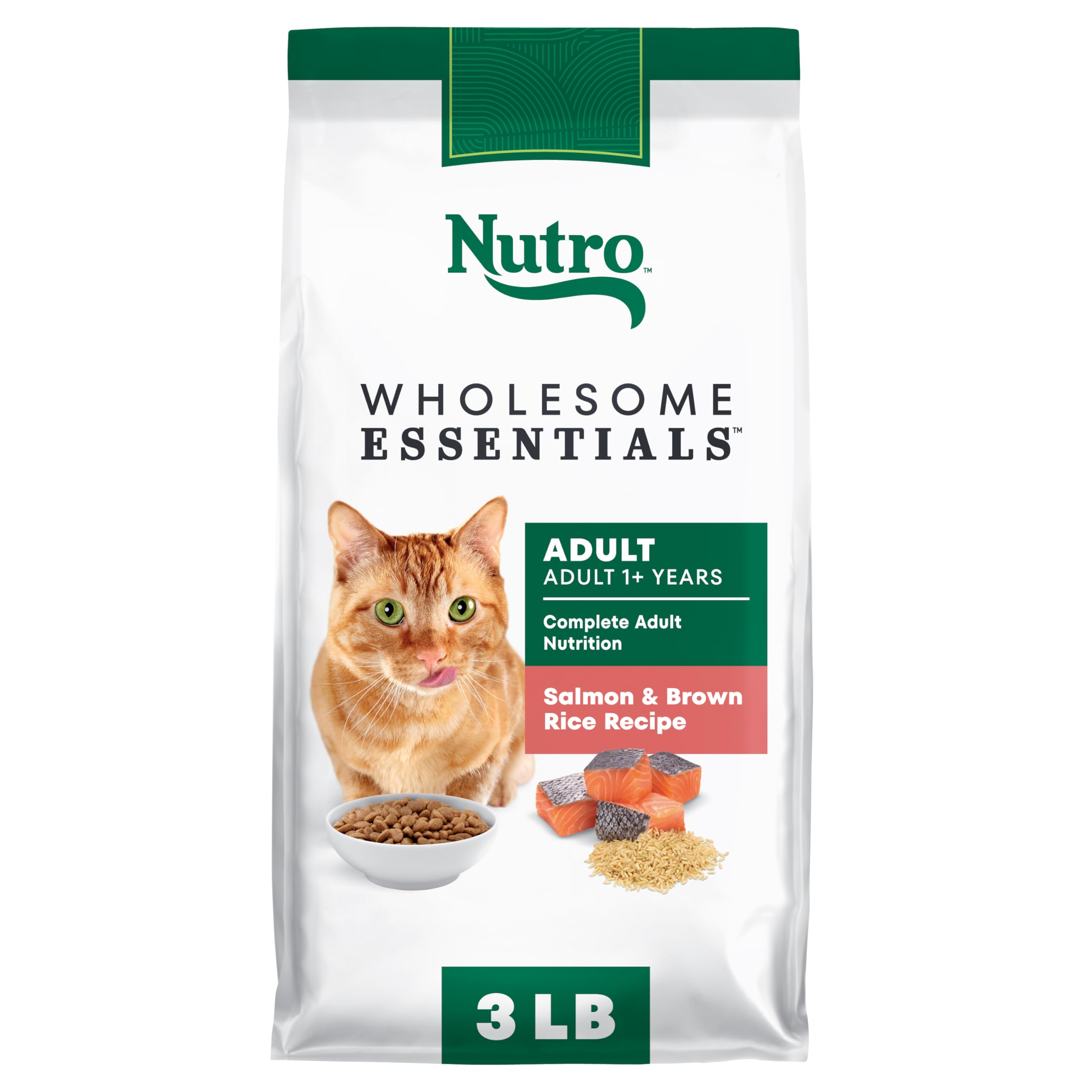 Nutro adult salmon and brown rice dry cat food package shown from the front.