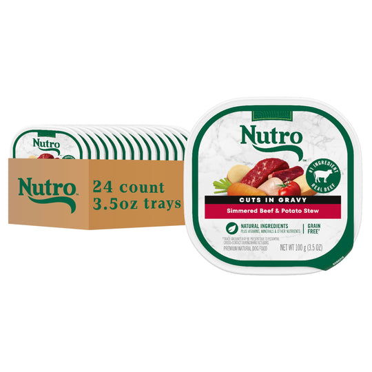 Nutro Beef & Potato Stew wet dog food pack shown from the front.