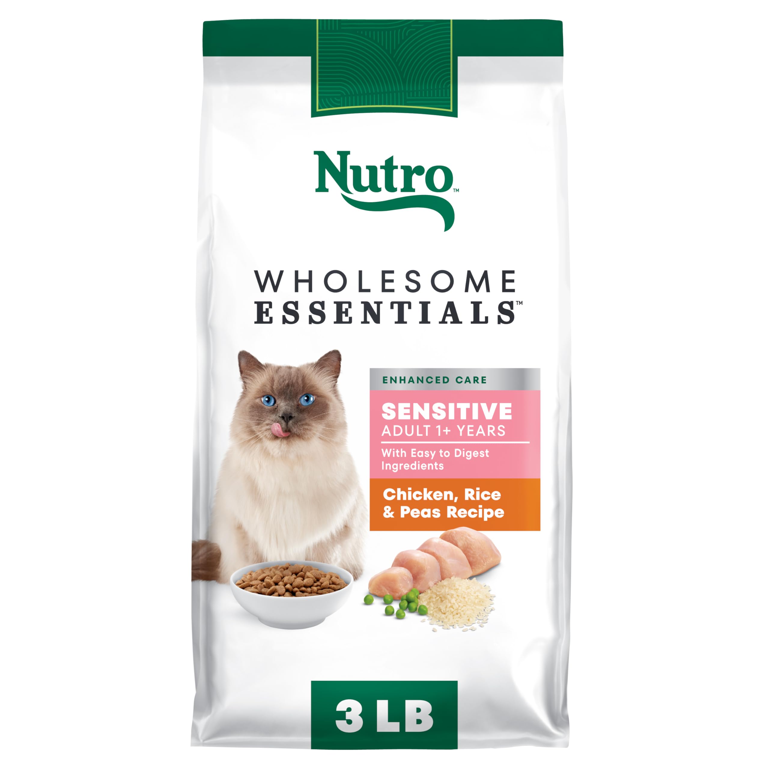 Nutro Sensitive Stomach dry cat food front bag in the 3 lb size.