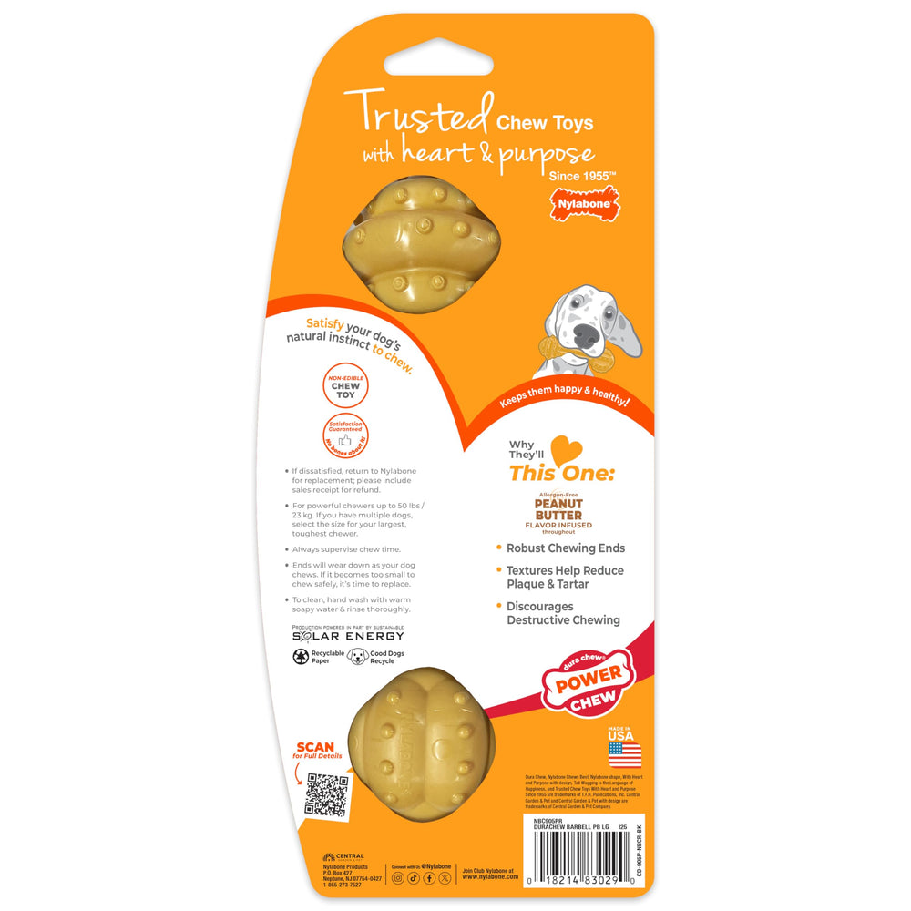 Nylabone Power Chew Textured Barbell Dog Chew Toy packaging shown from the front.