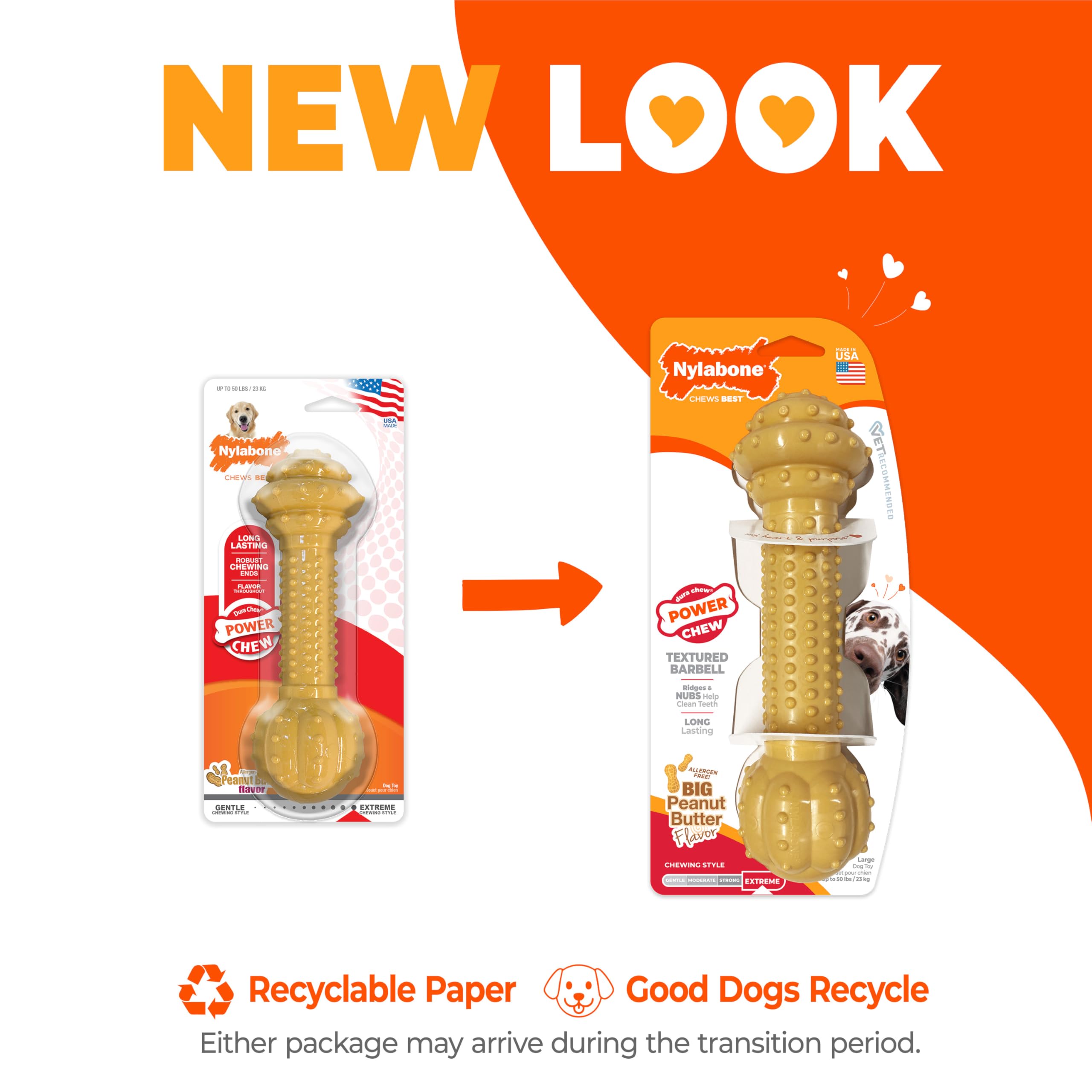 Nylabone Power Chew Textured Barbell Dog Chew Toy with its ridged surface in close-up.