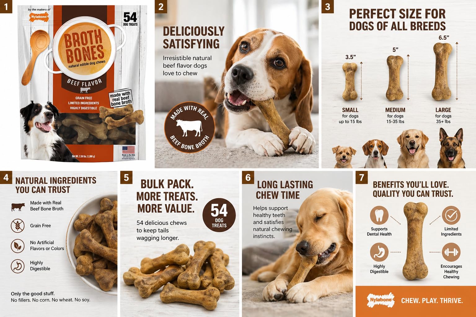 Nylabone Beef Broth Bones dog treats shown to present their beef flavor.