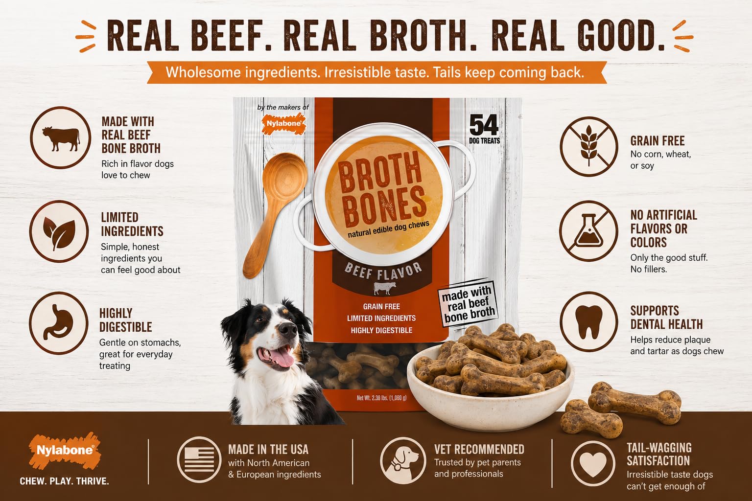Nylabone Beef Broth Bones dog treats shown with the real beef bone broth detail.