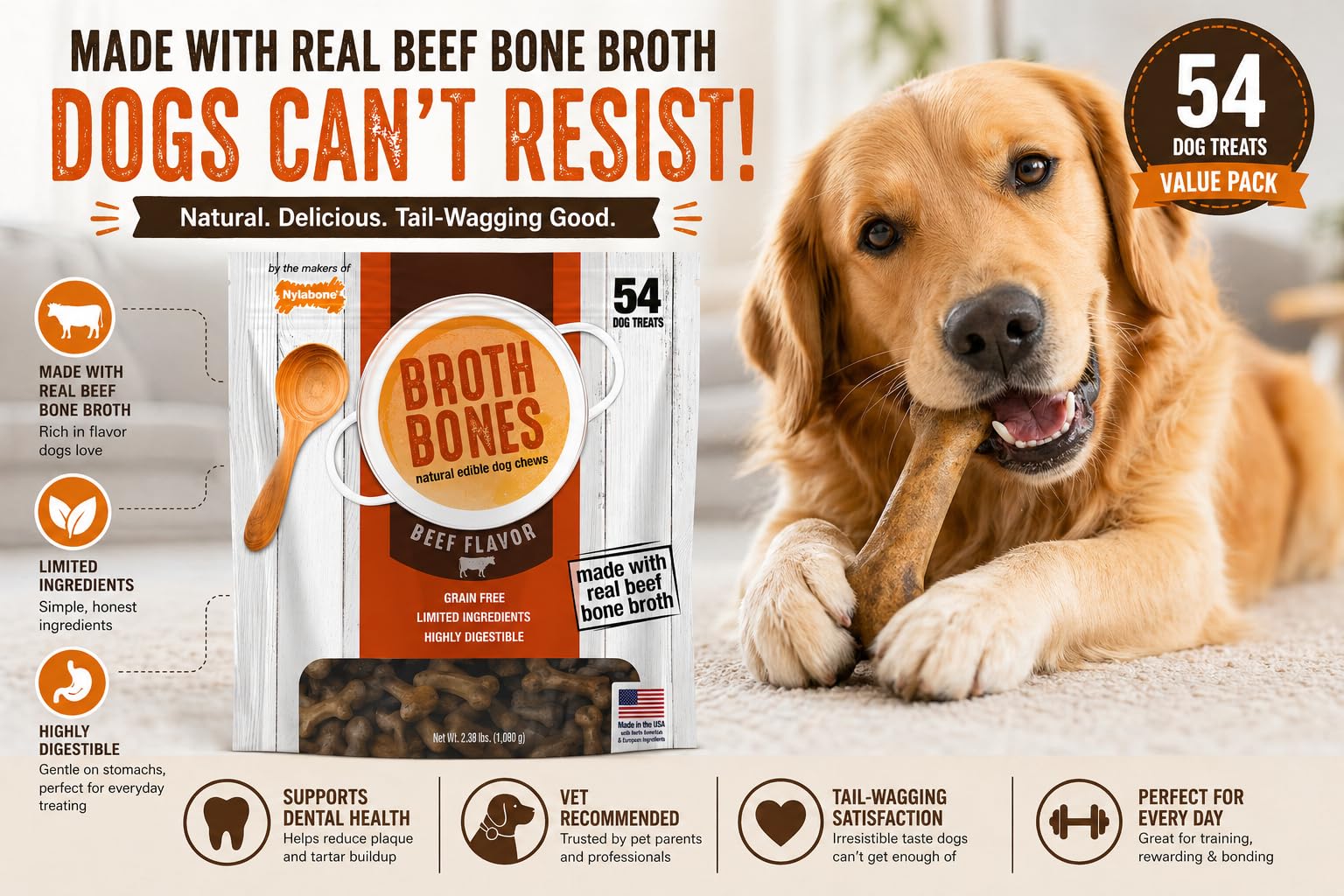 Nylabone Beef Broth Bones dog treats shown with their grain-free recipe callout.