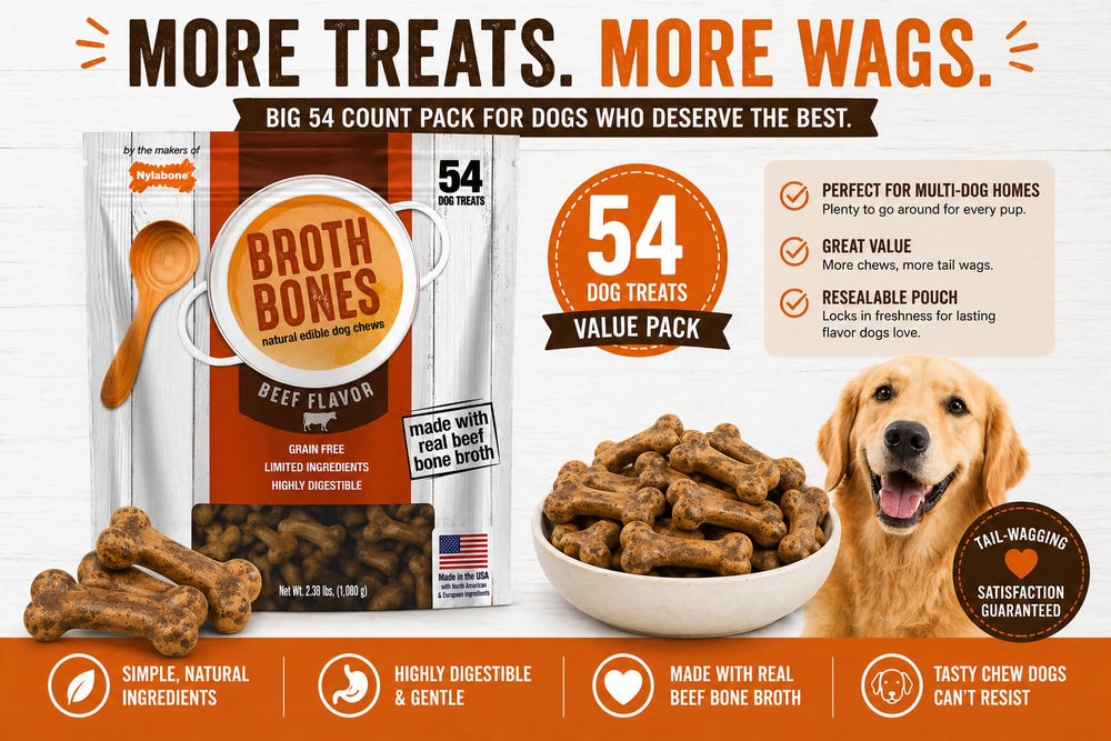 Nylabone Beef Broth Bones dog treats shown with ingredient information in focus.