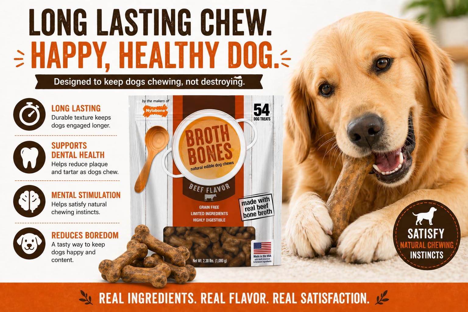 Nylabone Beef Broth Bones dog treats shown with the pack quantity information.