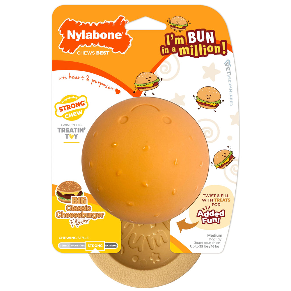 Nylabone Strong Chew Bun Treat Toy shown with spread in its pockets.