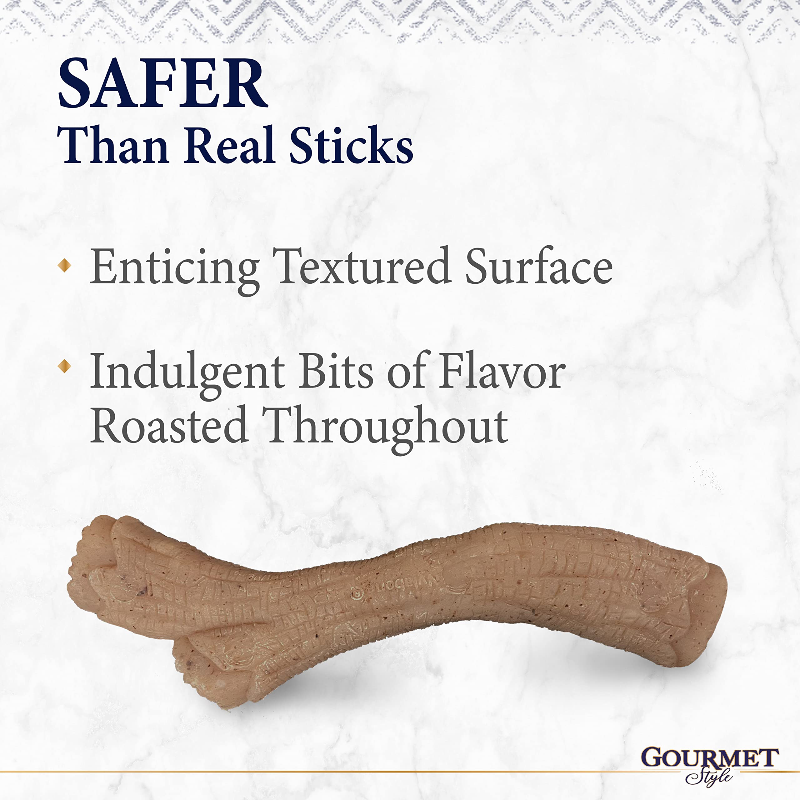 Close-up of the visible flavor bits in the Nylabone Gourmet Style Stick chew toy.