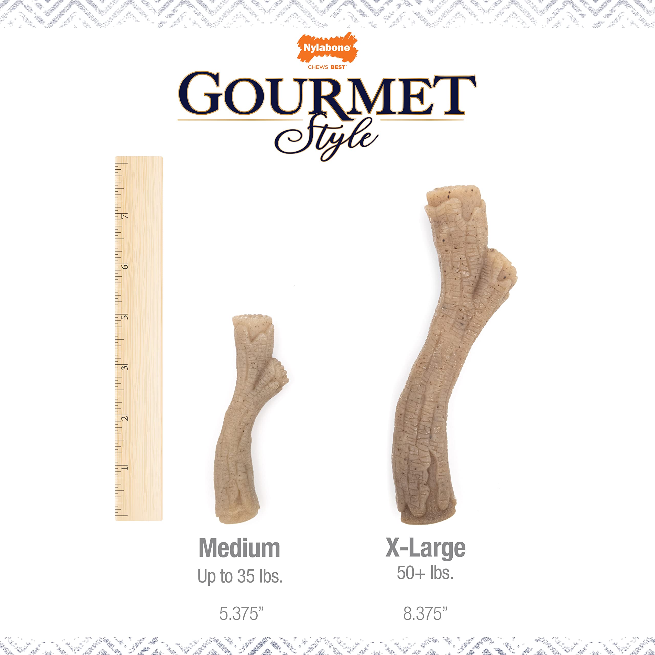 Nylabone Gourmet Style Stick chew toy highlighting its peanut butter flavor.