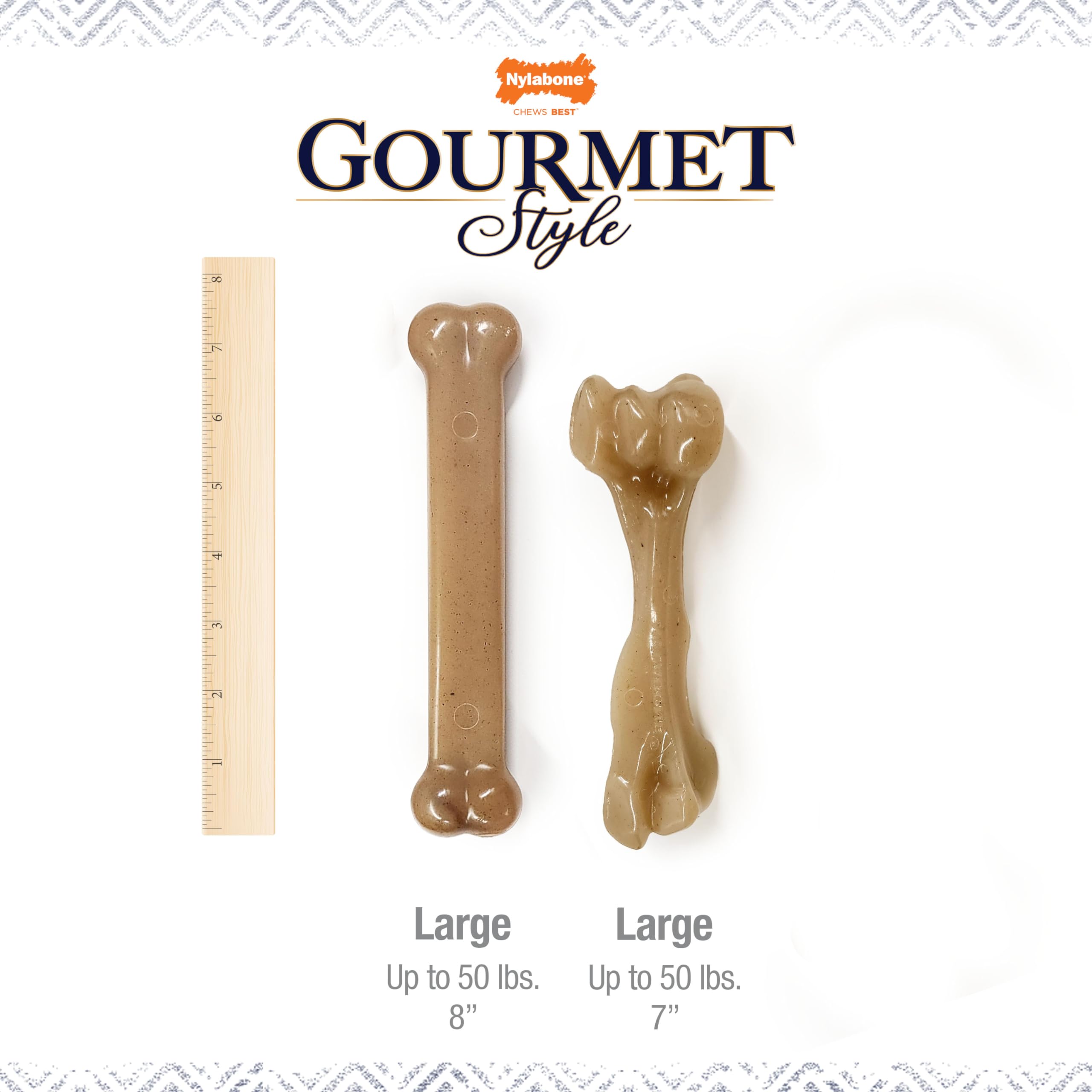 A dog chewing a Nylabone Gourmet Style dog chew toy.