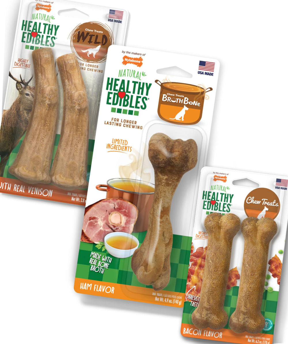 Nylabone Healthy Edibles dog chews shown with the front of the variety pack.