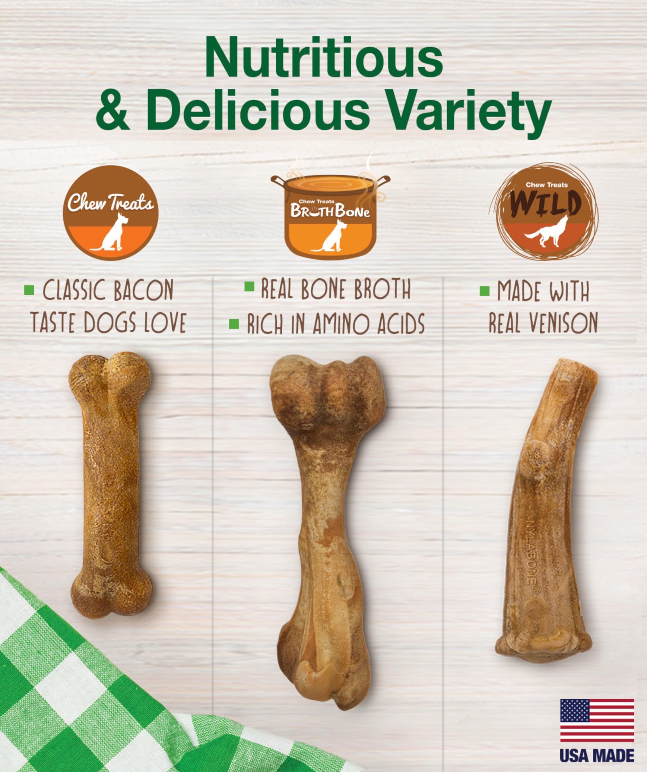 Nylabone Healthy Edibles dog chews featuring the ham bone-broth chew.