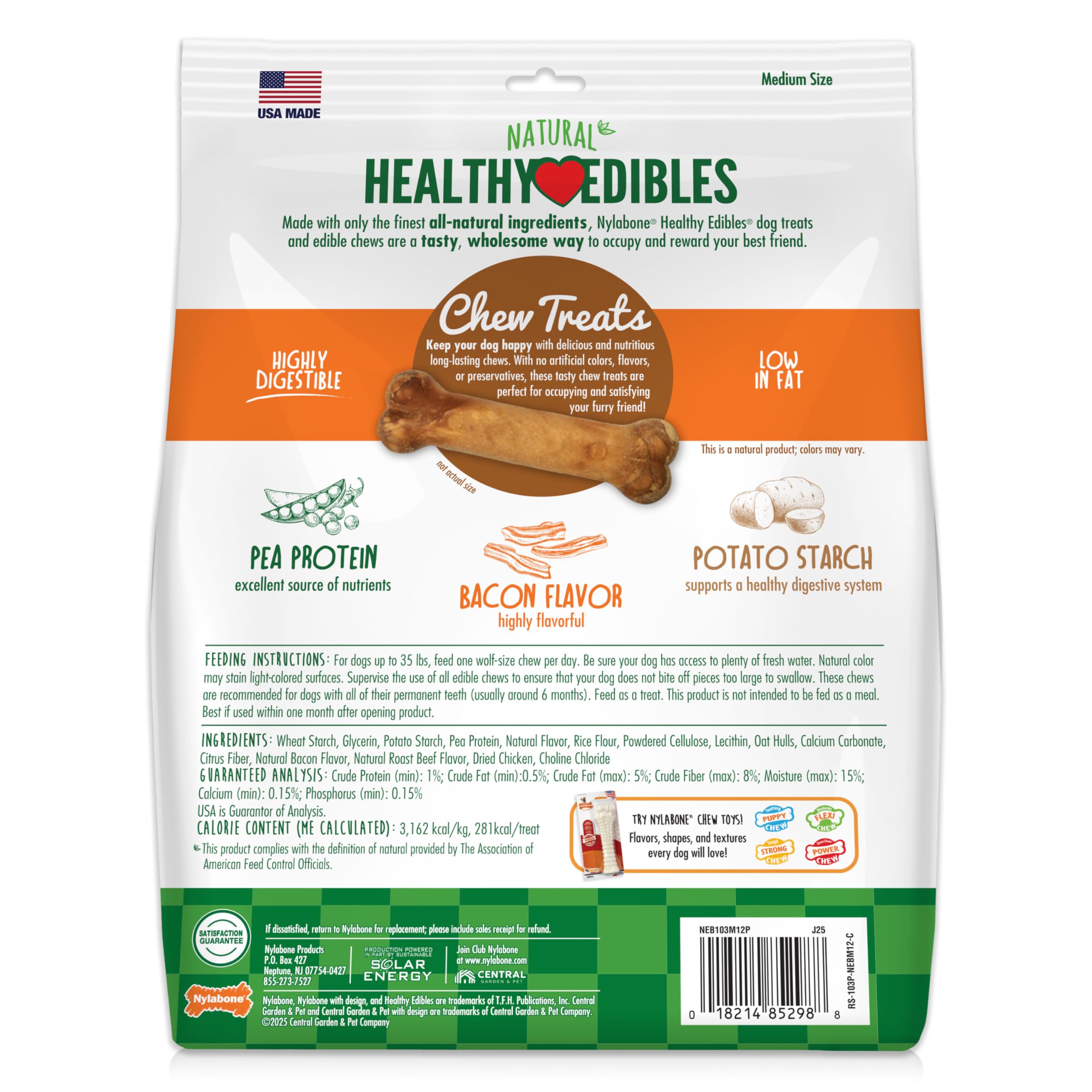 Nylabone Healthy Edibles dog chews ingredient information shown on the package.