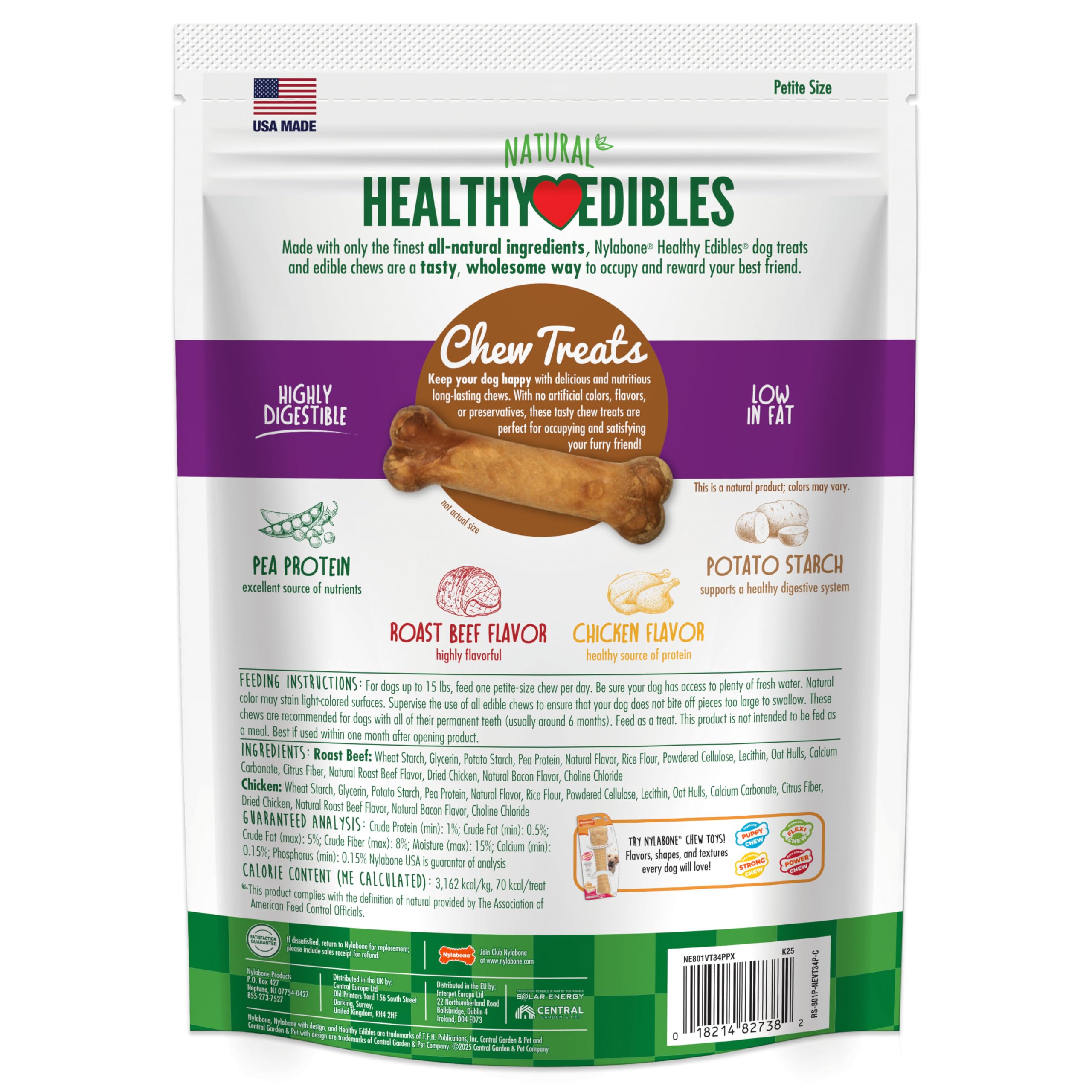 Nylabone Healthy Edibles dog treats with ingredient and additive claims in focus.