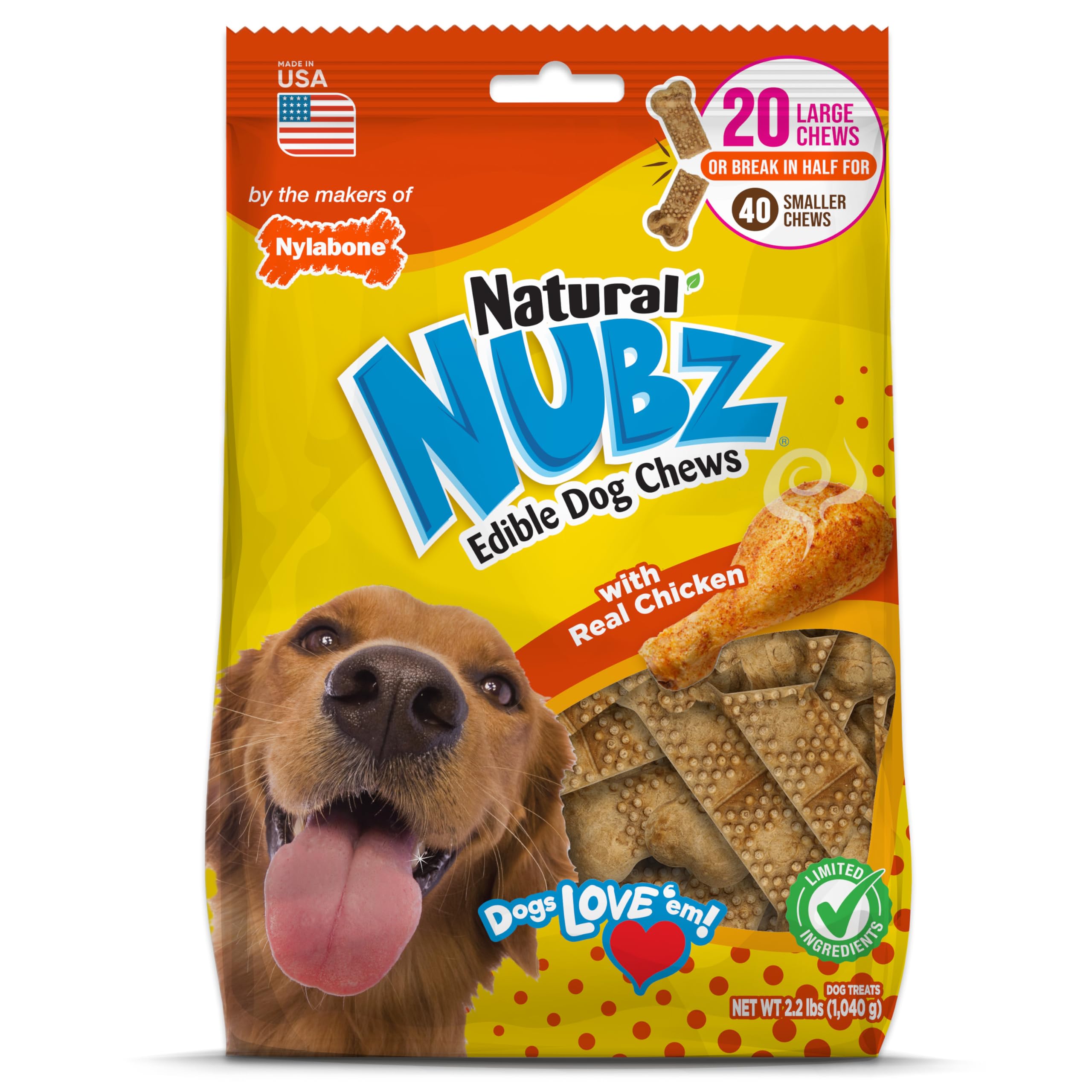 Nylabone Nubz dog treats shown in their package from the front.