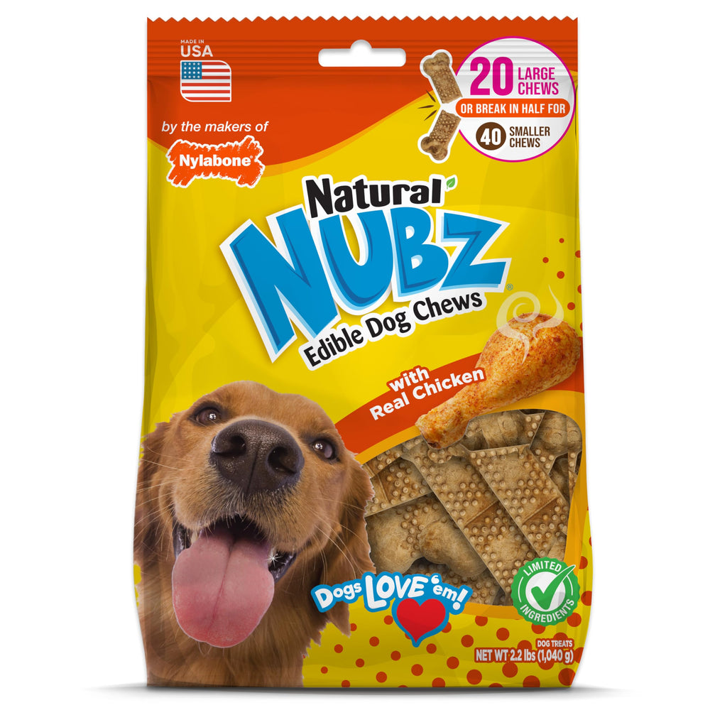 Nylabone Nubz dog treats shown in their package from the front.