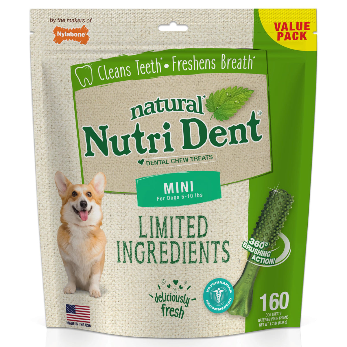 Nylabone Nutri Dent natural dental chews shown from the front.