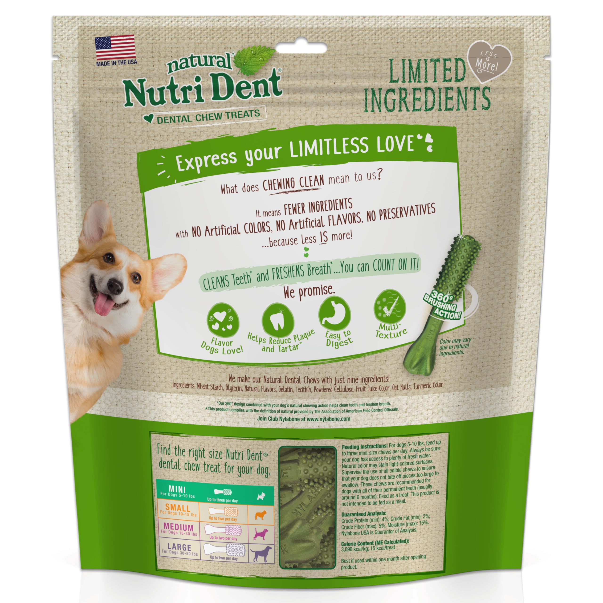 Nylabone Nutri Dent natural dental chews shown with their product pack.