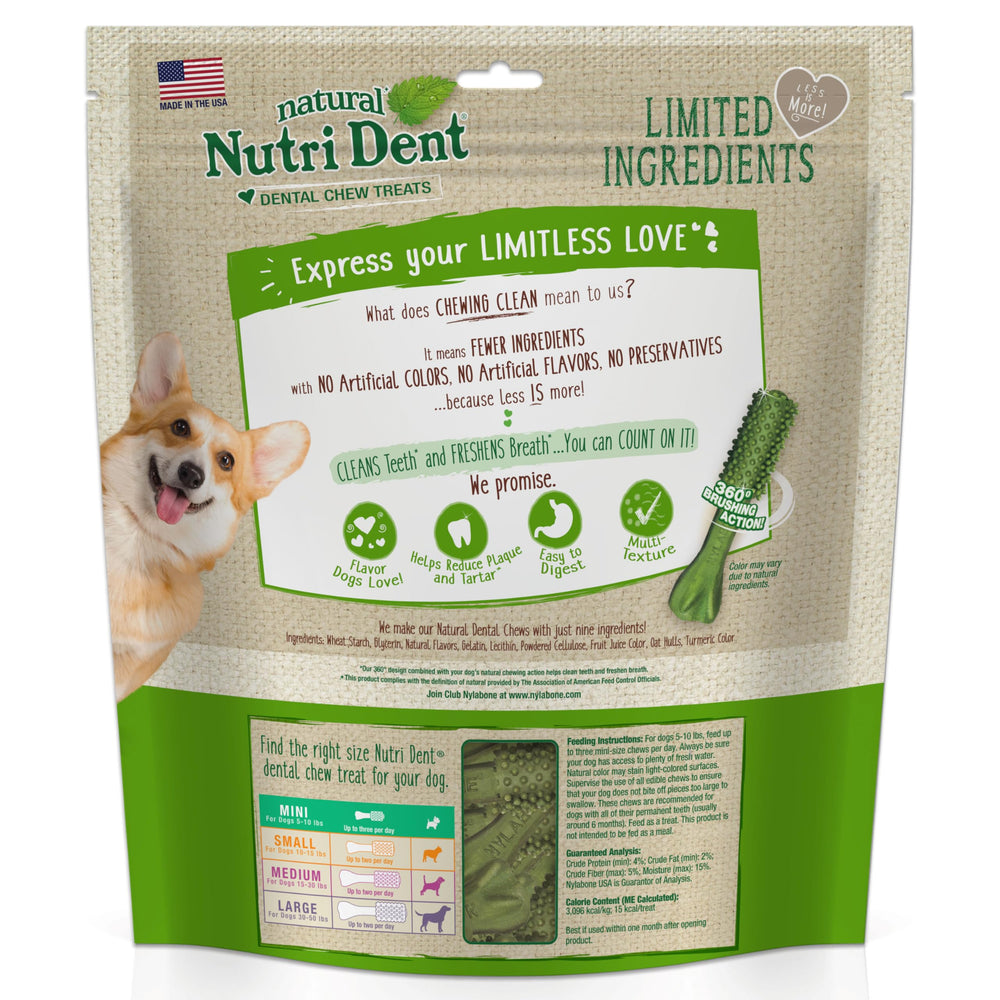 Nylabone Nutri Dent natural dental chews shown with their product pack.