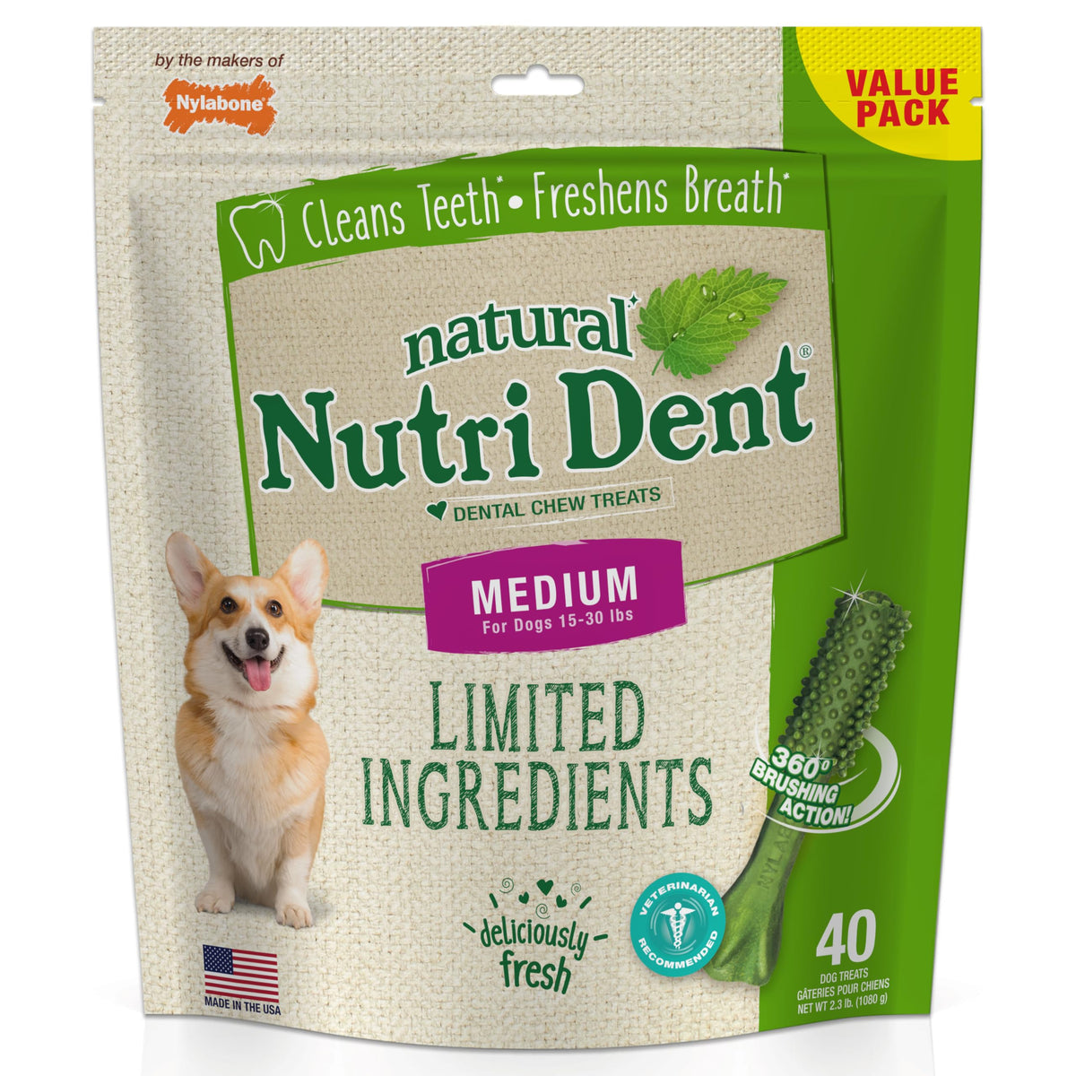 Nylabone Nutri Dent dental chews shown with the product packaging.