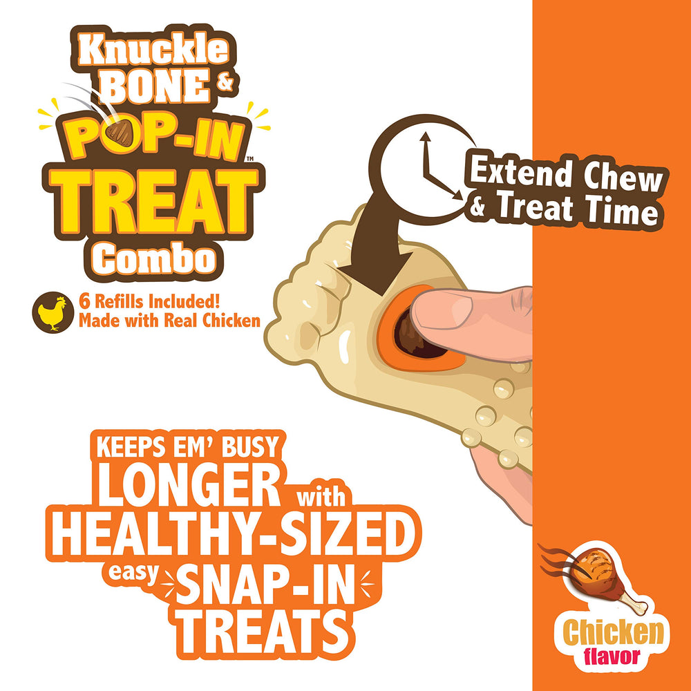 A dog using a Nylabone Pop-In Treat Toy with a refill chew.